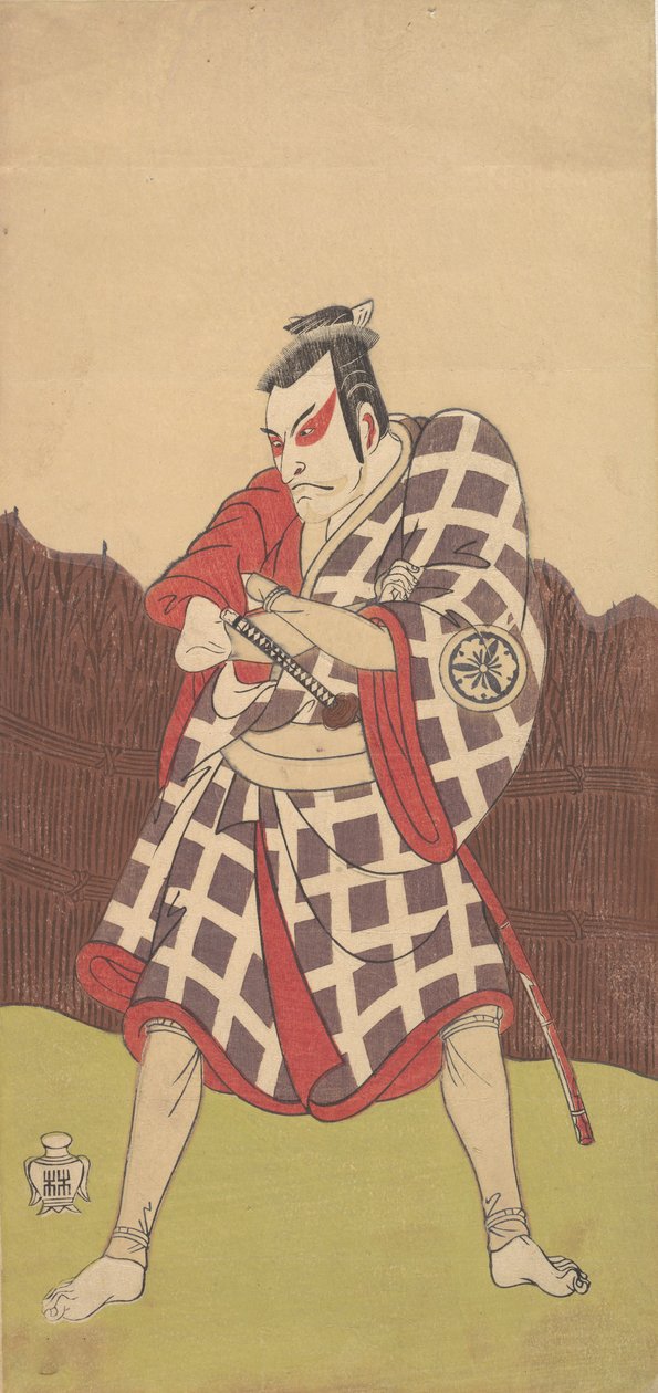 El actor Matsumoto Koshiro 3º como un hombre que se para con los brazos cruzados, finales del siglo XVIII de Shunsho