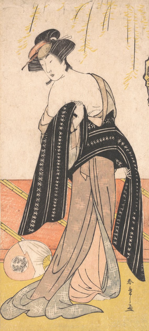 El actor Nakamura Riko como una oiran atando su obi de Shunsho