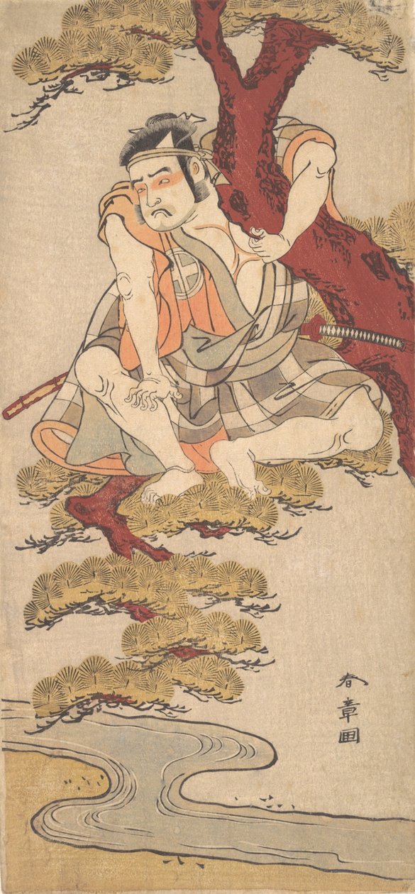 El actor Otani Hiroemon III observando desde las ramas de un pino, ca. 1775 de Shunsho