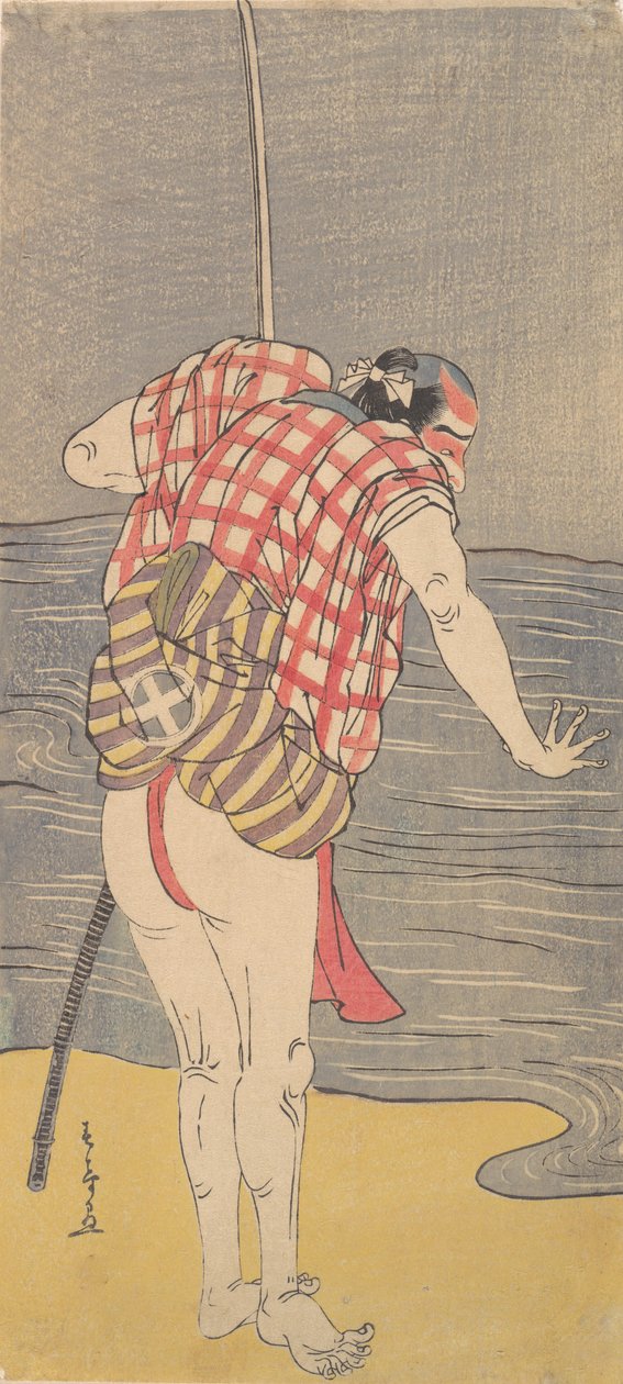 El actor Otani Hiroemon III como hombre listo para vadear el mar con una espada desenvainada, ca. 1775 de Shunsho