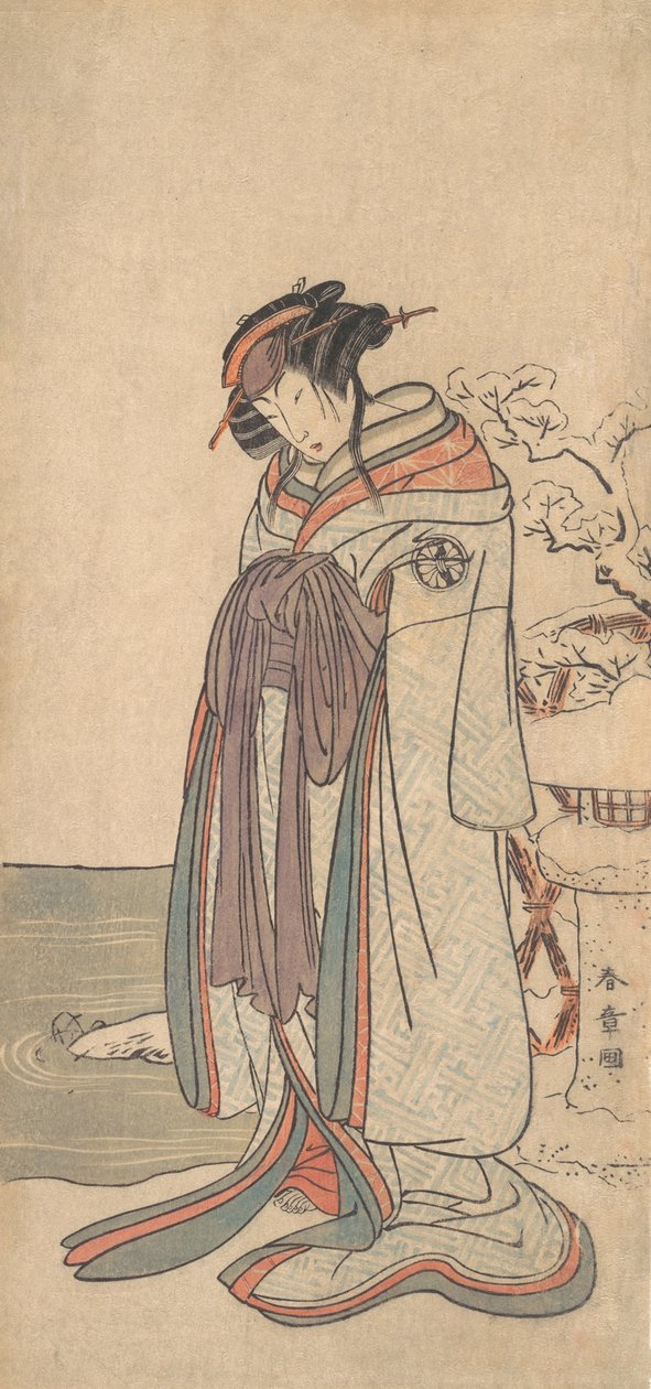 El tercer Segawa Kikunojo como una cortesana de pie en la nieve de Shunsho