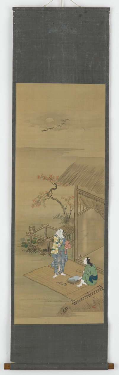 Dos campesinas golpeando tela fuera de una casa, período Edo de Shunsho