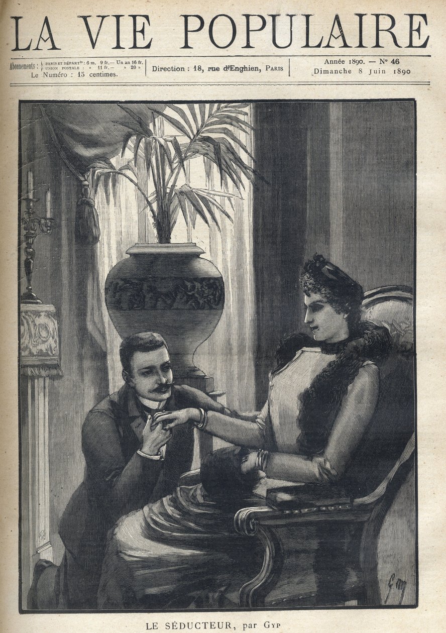 Un hombre de rodillas sostiene la mano de una mujer elegante, sentada en un salón burgués, vistiendo su abrigo, una manga y una bufanda de piel. Ilustración para 