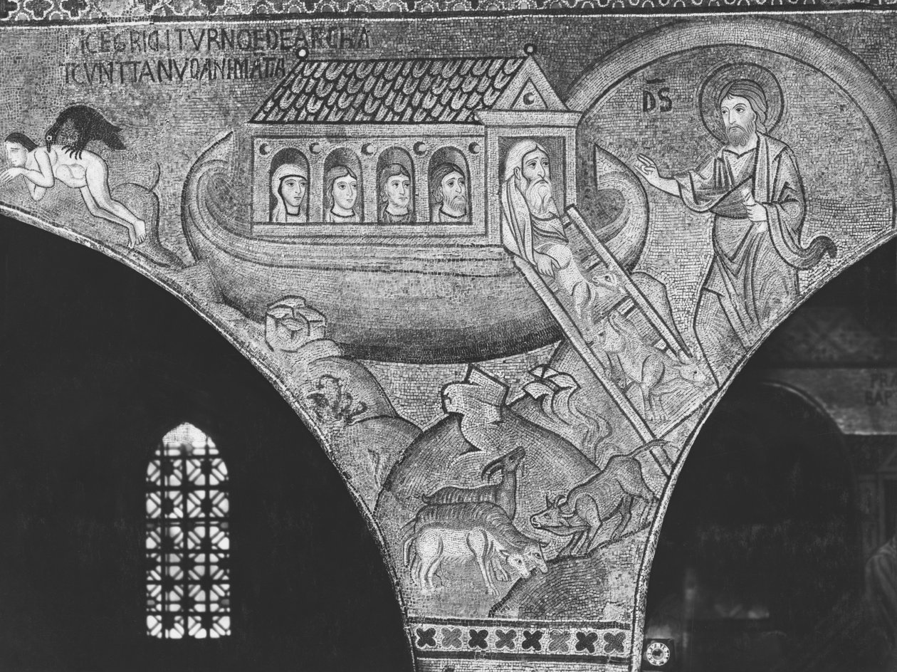 Noé guiando a los animales al arca (mosaico) de Sicilian School