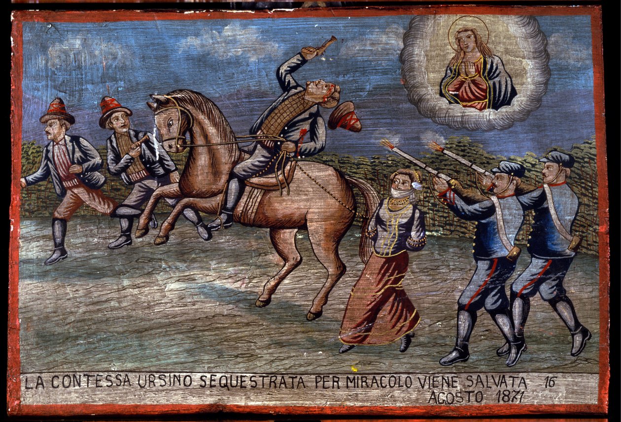 Exvoto siciliano: “La condesa Ursino secuestrada acaba de ser salvada por milagro el 16/08/1871”. Representación de un bandolerismo: Los tres ladrones están secuestrando a la condesa mientras los carabineros les disparan de Sicilian School
