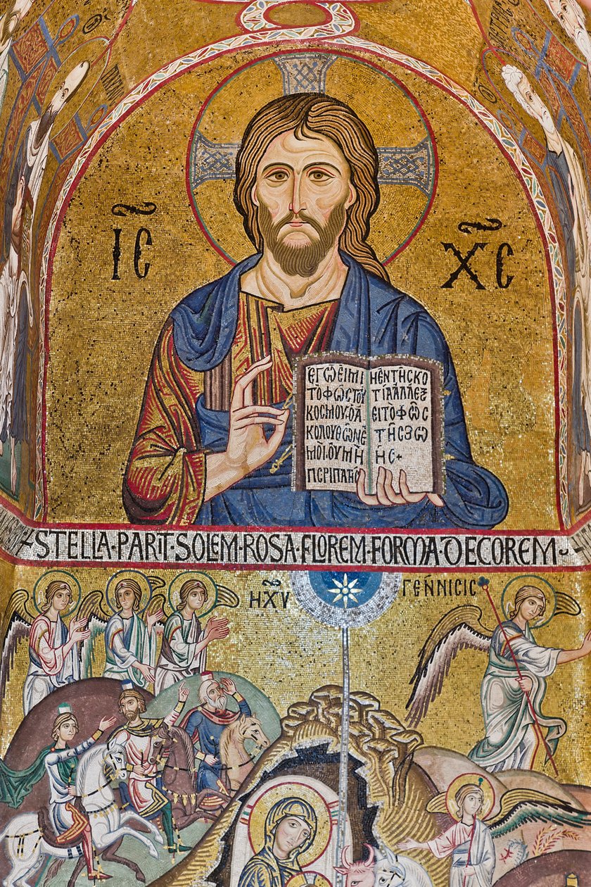 Capilla Palatina (Basílica), ábside sur o "absidiola" de San Pablo, mosaicos: "Cristo Pantocrátor" y "Natividad", siglo XII de Sicilian School