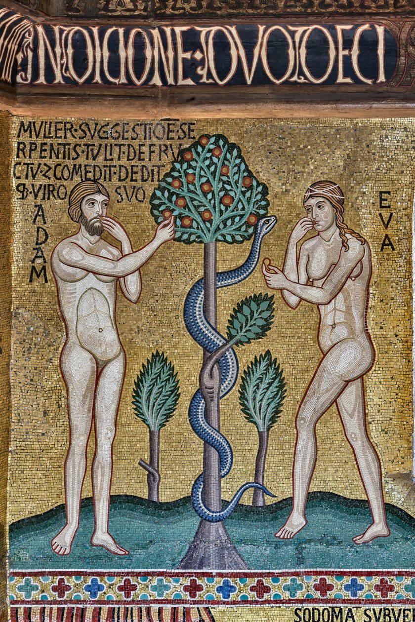 La Capilla Palatina (Basílica), ciclo de mosaicos sobre el Antiguo Testamento, ciclo de la Creación: "El pecado original", siglo XII de Sicilian School