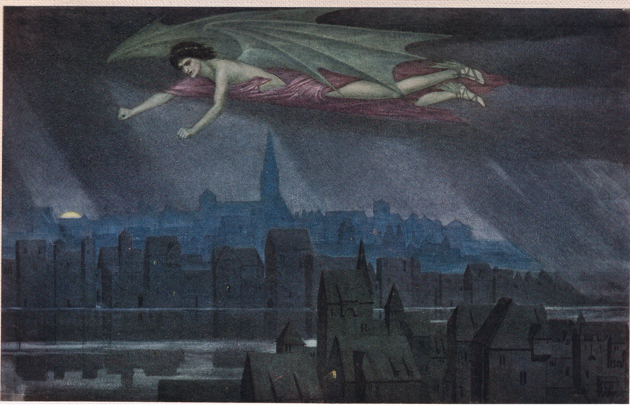 Lucifer volando sobre la ciudad. "¡Duerme, duerme, oh ciudad! Hasta que la luz te despierte de nuevo al pecado y al crimen