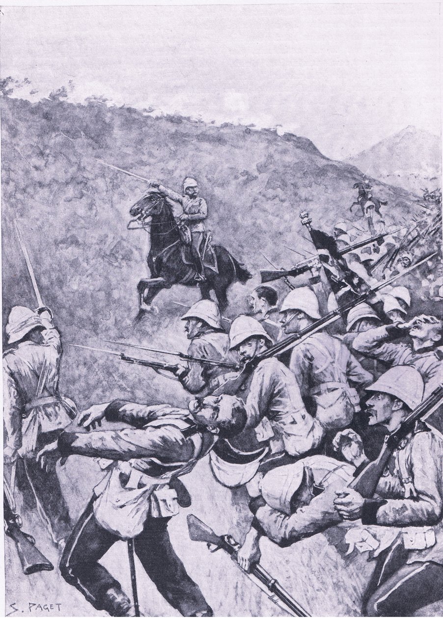 Langs Nek, 28 de enero de 1881 (Primera Guerra Bóer), ilustración de British Battles on Land and Sea, 1915 de Sidney Paget
