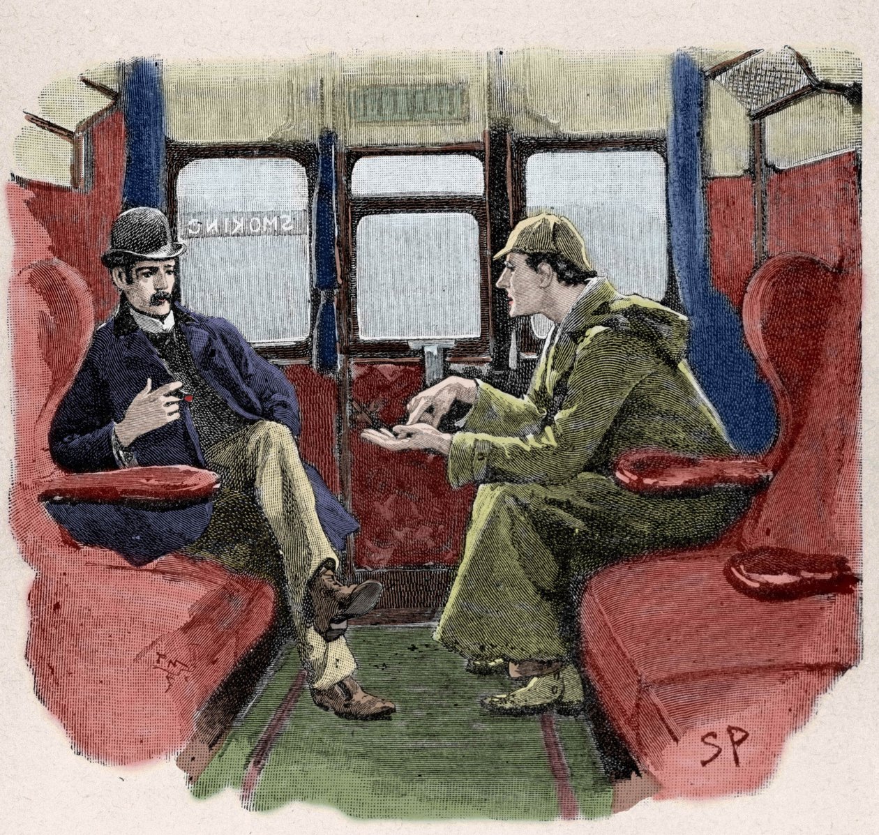 Silver Blaze: ilustración de Sydney Paget de una aventura de Sherlock Holmes. El famoso detective está representado con el Dr. Watson en un tren. Publicado en “The Strand Magazine”. Historia de Conan Doyle. 1892. de Sidney Paget