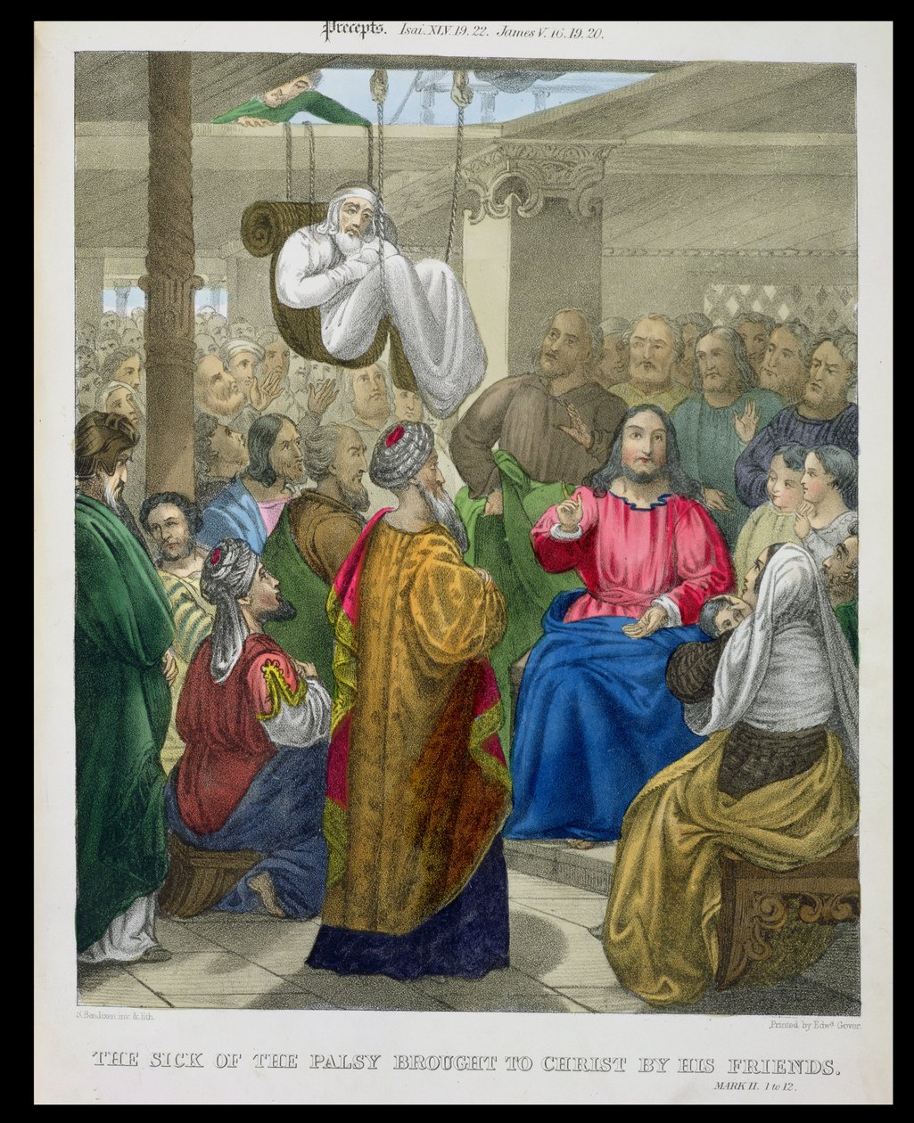El enfermo de parálisis llevado a Cristo por sus amigos, de una biblia impresa por Edward Gover, 1870