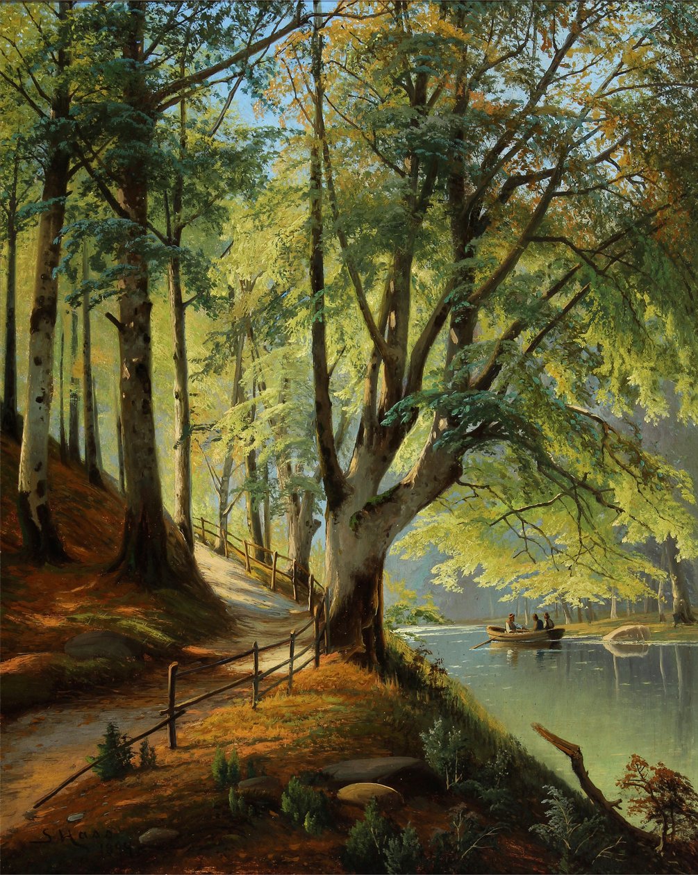 Paisaje forestal con hojas de haya recién brotadas y personas en bote de remos de Siegfried Hass