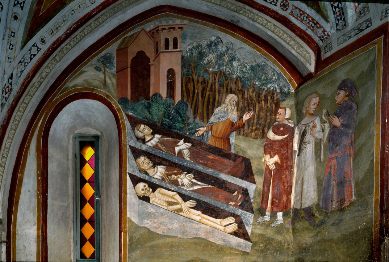 Encuentro de los muertos con los vivos (detalle). Fresco de la escuela de Siena. Siglo XIV. Monasterio de San Benito (Sacro Speco), Escalera, Subiaco (Roma), Italia de Sienese School