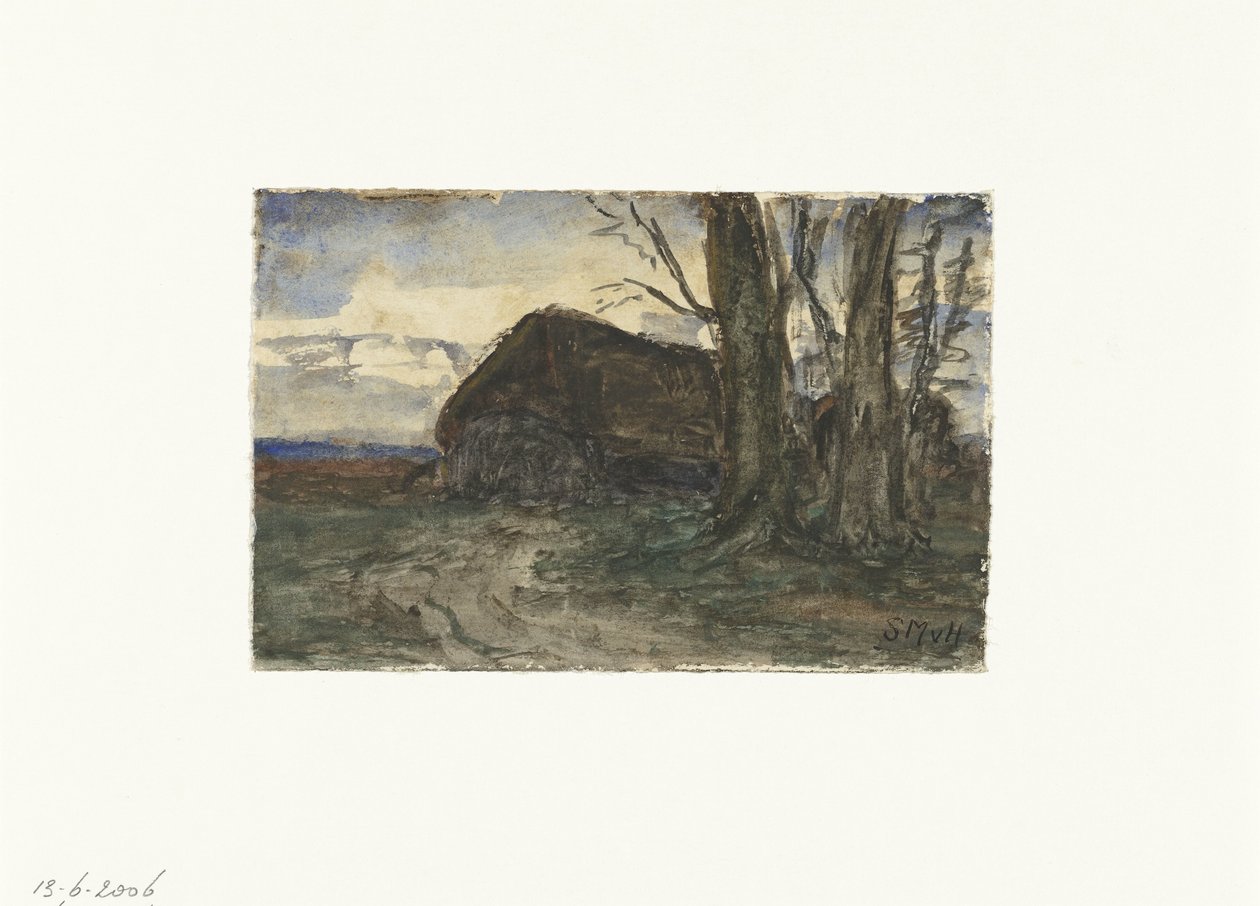 Redil cerca de los árboles en el cielo del atardecer de Sientje Mesdag van Houten