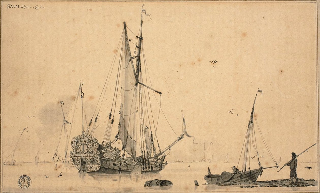 Escena del Puerto con Barcos y Pescador de Sieuwert van der Meulen