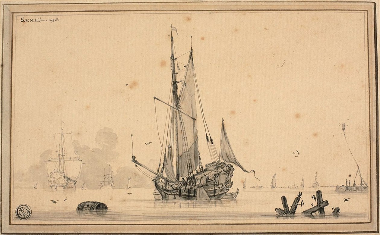 Escena de puerto con barcos en reposo y pilotes de Sieuwert van der Meulen