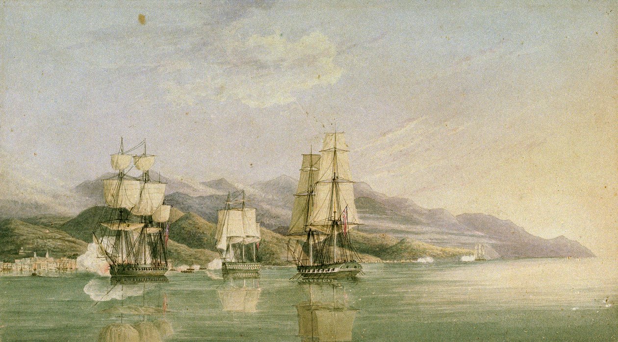 Ataque a un convoy de dieciocho mercantes franceses en Laigrelia y Alassio, 27 de junio de 1812, principios del siglo XIX (pluma, tinta, grafito, acuarela) de Silas Thomson (attr.to) Hood