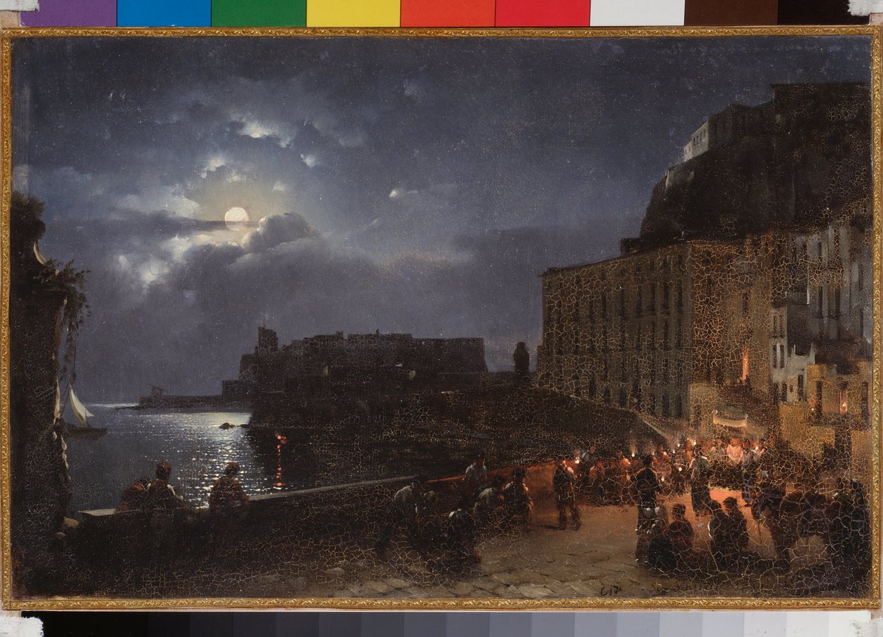 El muelle de Santa Lucía en Nápoles (Italia), en una noche de luna llena. Pintura de Sylvester Feodosiyevich Shchedrin (Sylvester Shchedrin) (1791-1830), óleo sobre lienzo de Silvestr Fedosievich Shchedrin