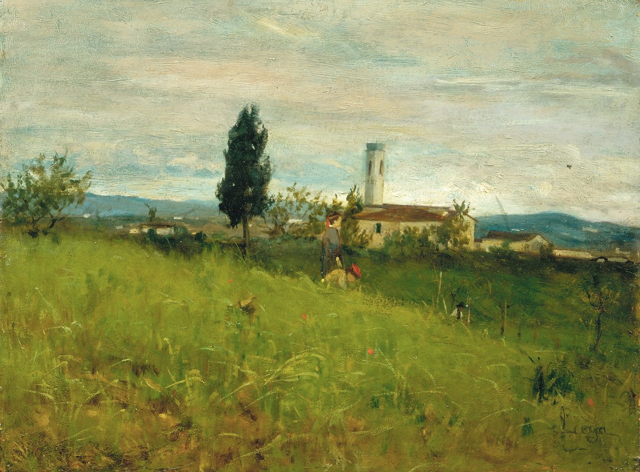 Pequeña iglesia en el campo, c.1877 (óleo sobre tabla) de Silvestro Lega