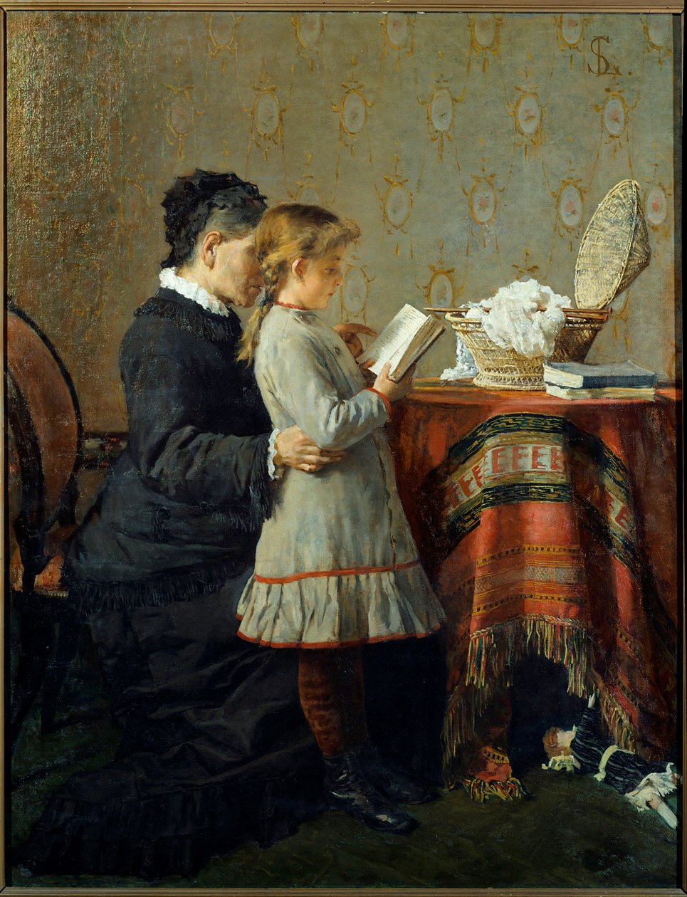Lección de lectura. Una enfermera enseña a leer a una niña. Pintura de Silvestro Lega (1826-1895) de Silvestro Lega