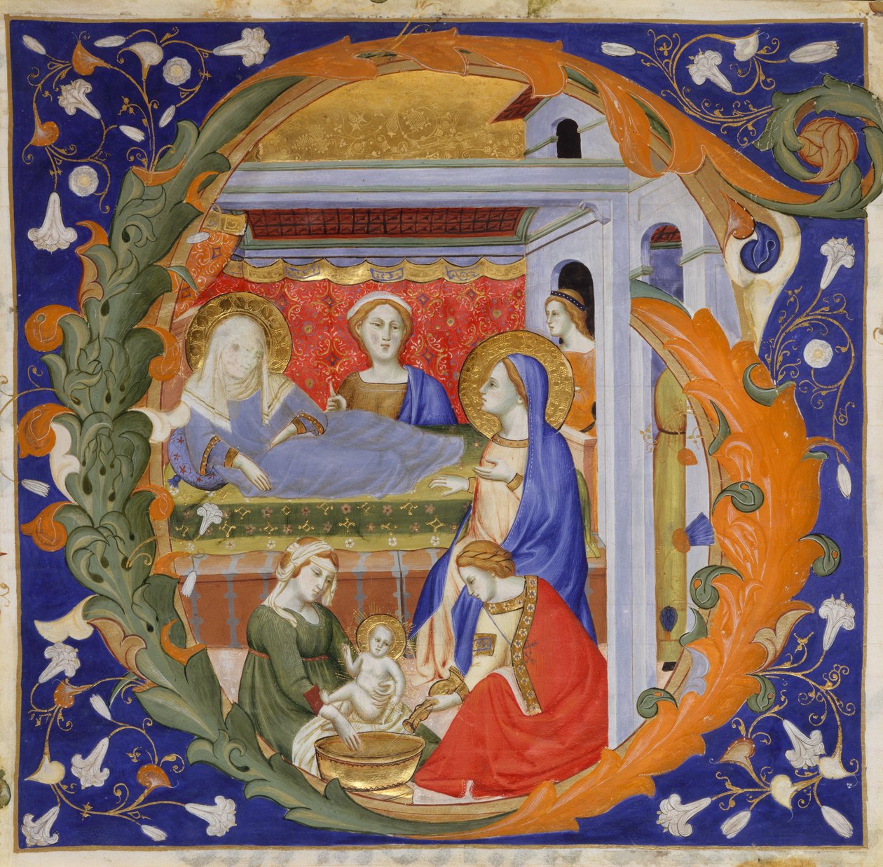 Iluminación de Manuscrito con el Nacimiento de la Virgen en una Inicial G, de un Gradual de Silvestro dei Gherarducci