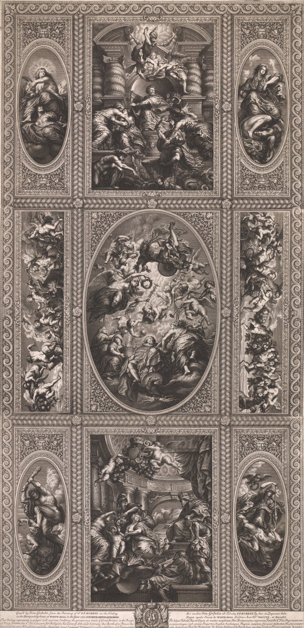 De la pintura del techo en la Casa de Banquetes en White-Hall en el año 1720 de Simon Gribelin