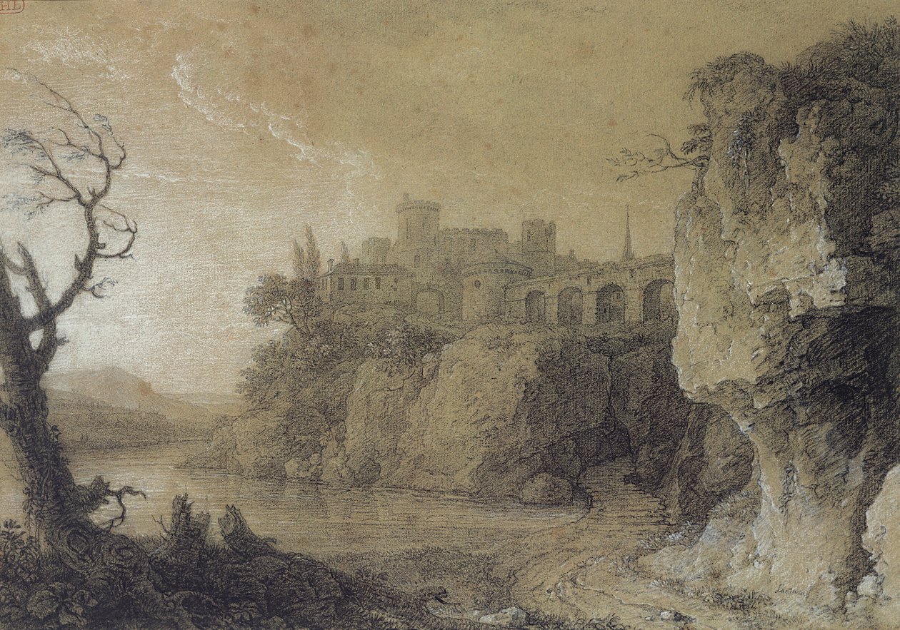 Paisaje con un río y un pueblo fortificado de Simon Mathurin Lantara