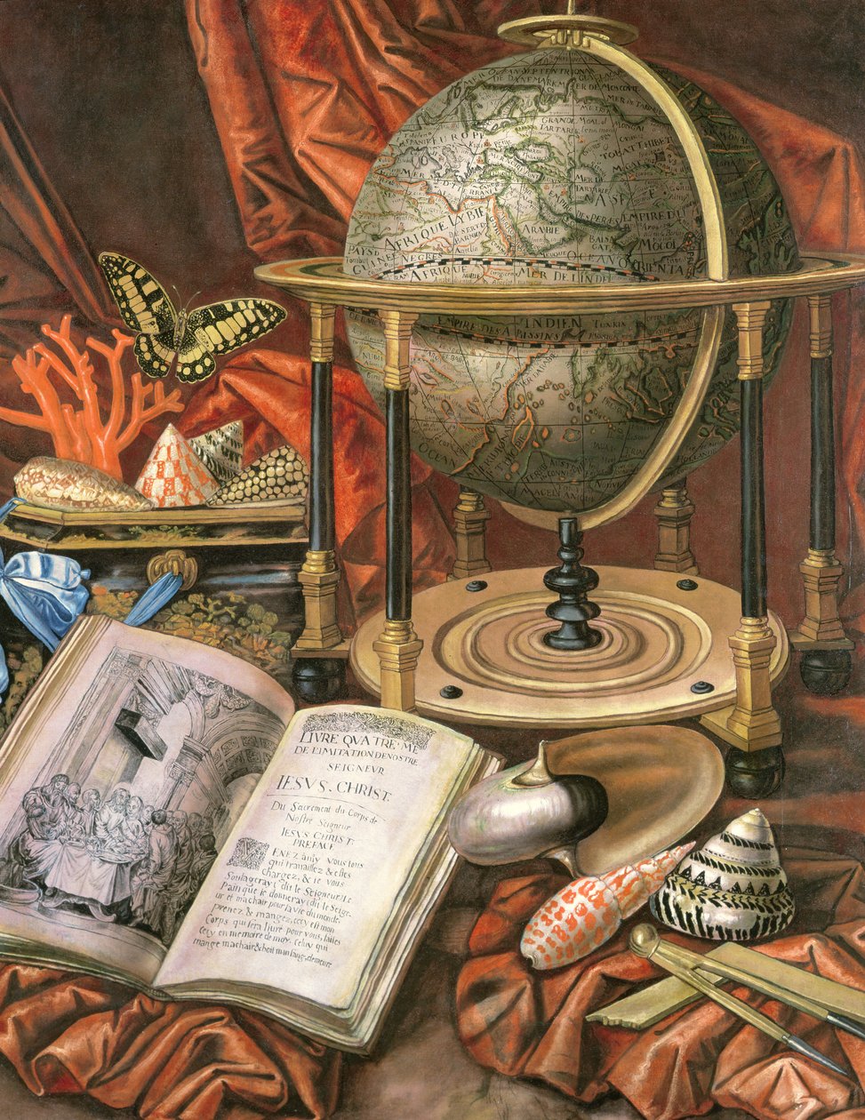 Naturaleza muerta con un globo, libros, conchas y corales de Simon Renard de Saint Andre