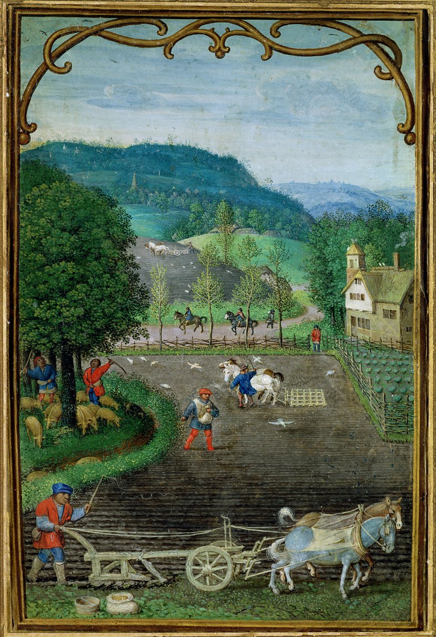 Add 18855 Octubre: arado y siembra, de un Libro de Horas, c.1540 de Simon Bening
