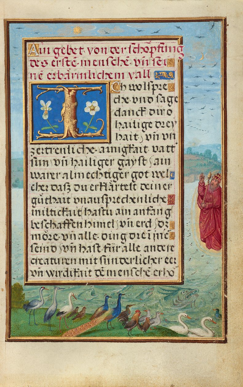 Bordüre mit der Erschaffung von Vögeln und Fischen de Simon Bening