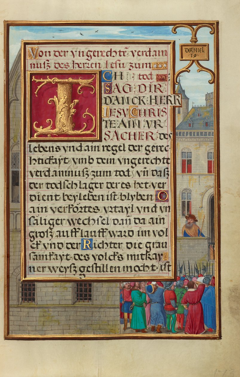 Rand mit dem Volk, das Daniel von Cyrus fordert de Simon Bening