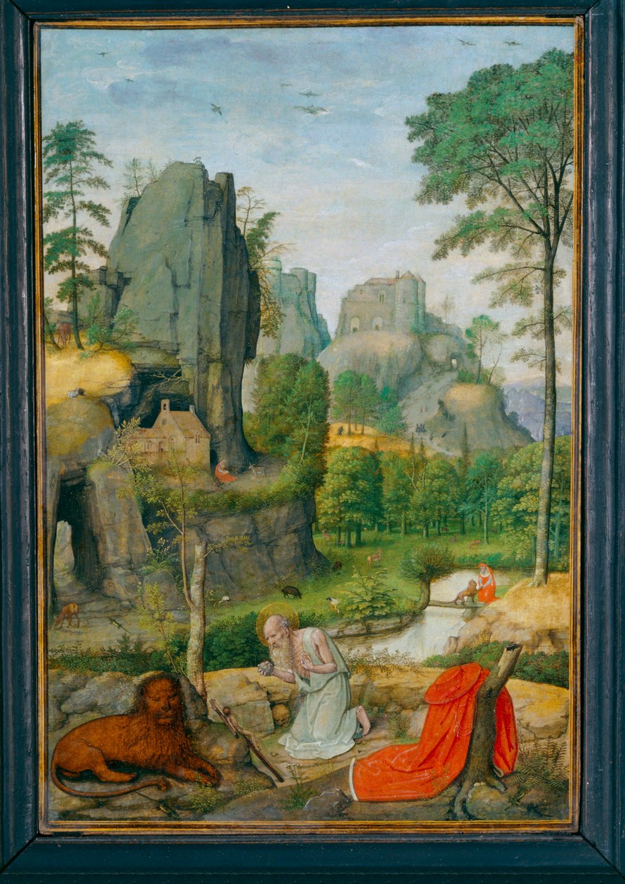 Paysage avec saint Jerôme penitent et la guerison du lion - Paisaje con san Jerónimo penitente y la cura del león ... de Simon Bening