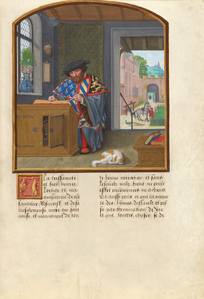 El rey de armas de la Orden del Toisón de Oro escribiendo sobre Jacques de Lalaing de Simon Bening