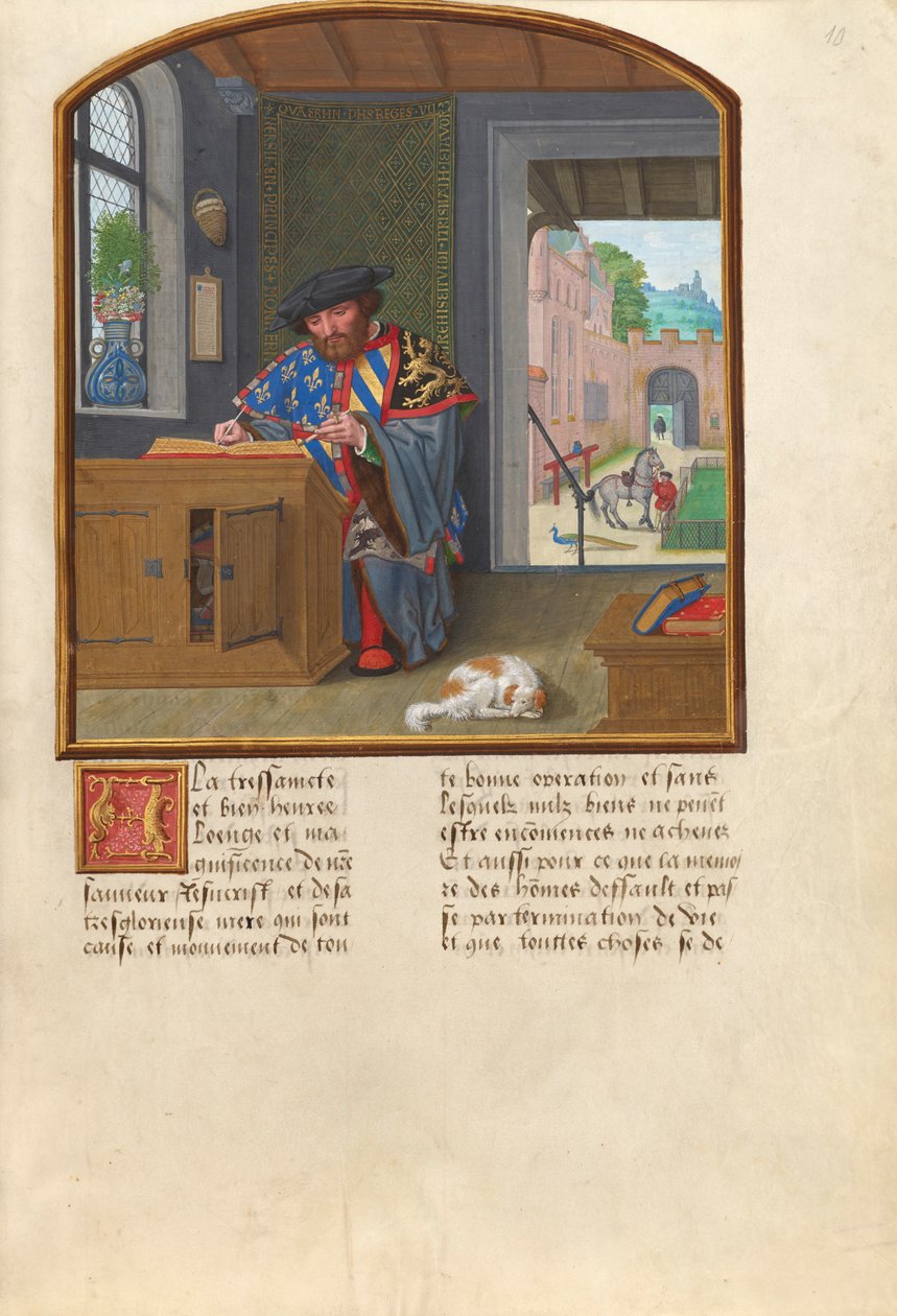 El rey de armas de la Orden del Toisón de Oro escribiendo sobre Jacques de Lalaing, c.1530-40 de Simon Bening
