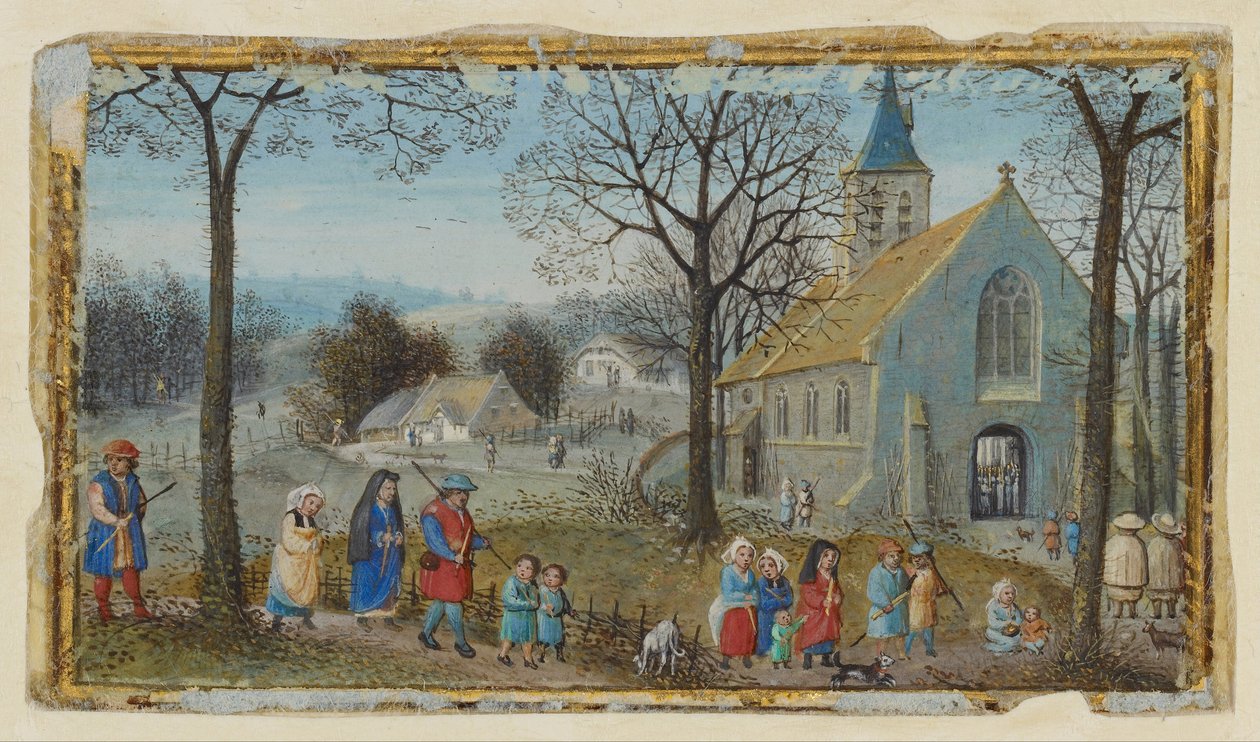 Aldeanos en su camino a la iglesia de Simon Bening