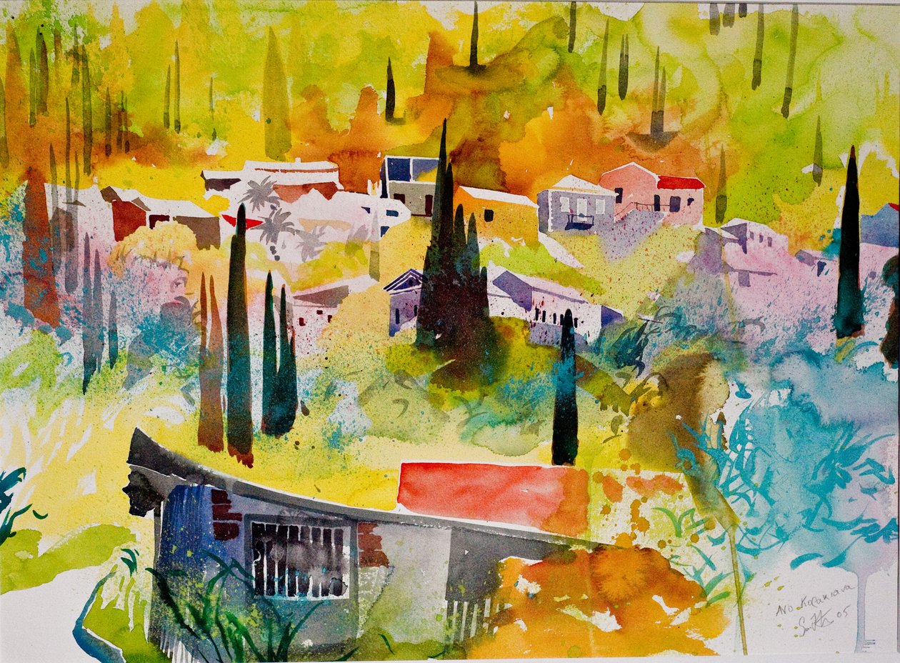 Ano Korakiana, Corfú, 2005 (acuarela sobre papel) de Simon Fletcher