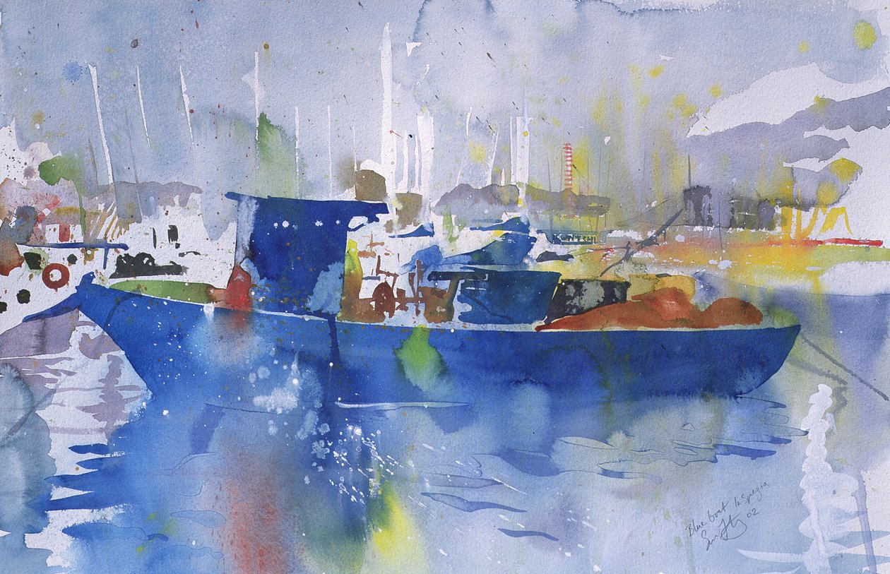 Barco azul La spezia, Italia, 2002 (acuarela) de Simon Fletcher