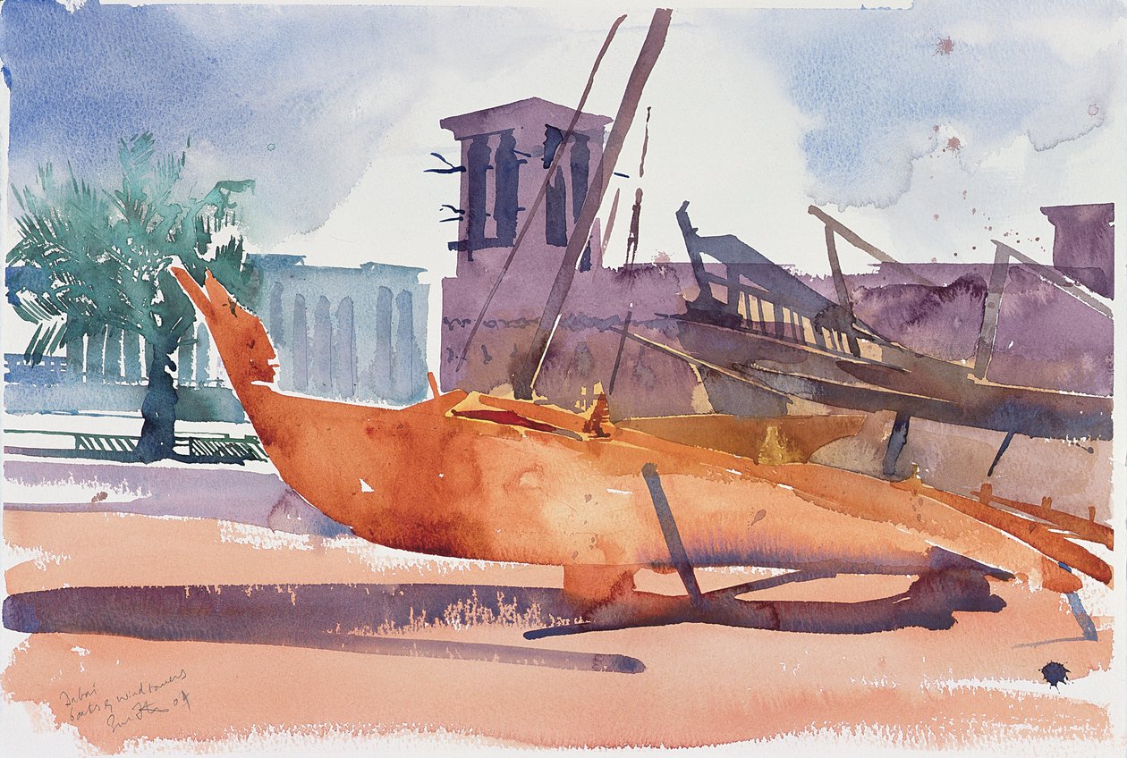 Dubai, barcos y torres eólicas, 2004 (acuarela sobre papel) de Simon Fletcher
