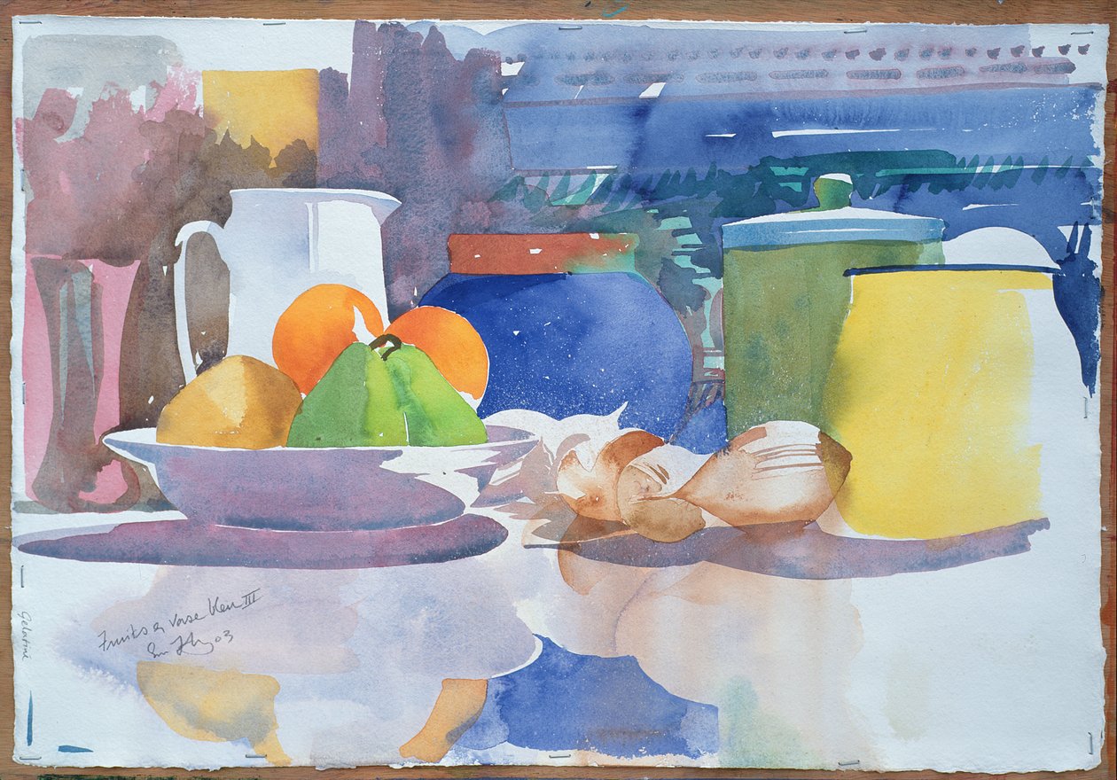 Fruits et Vase Bleu II, 2003 (acuarela sobre papel) de Simon Fletcher