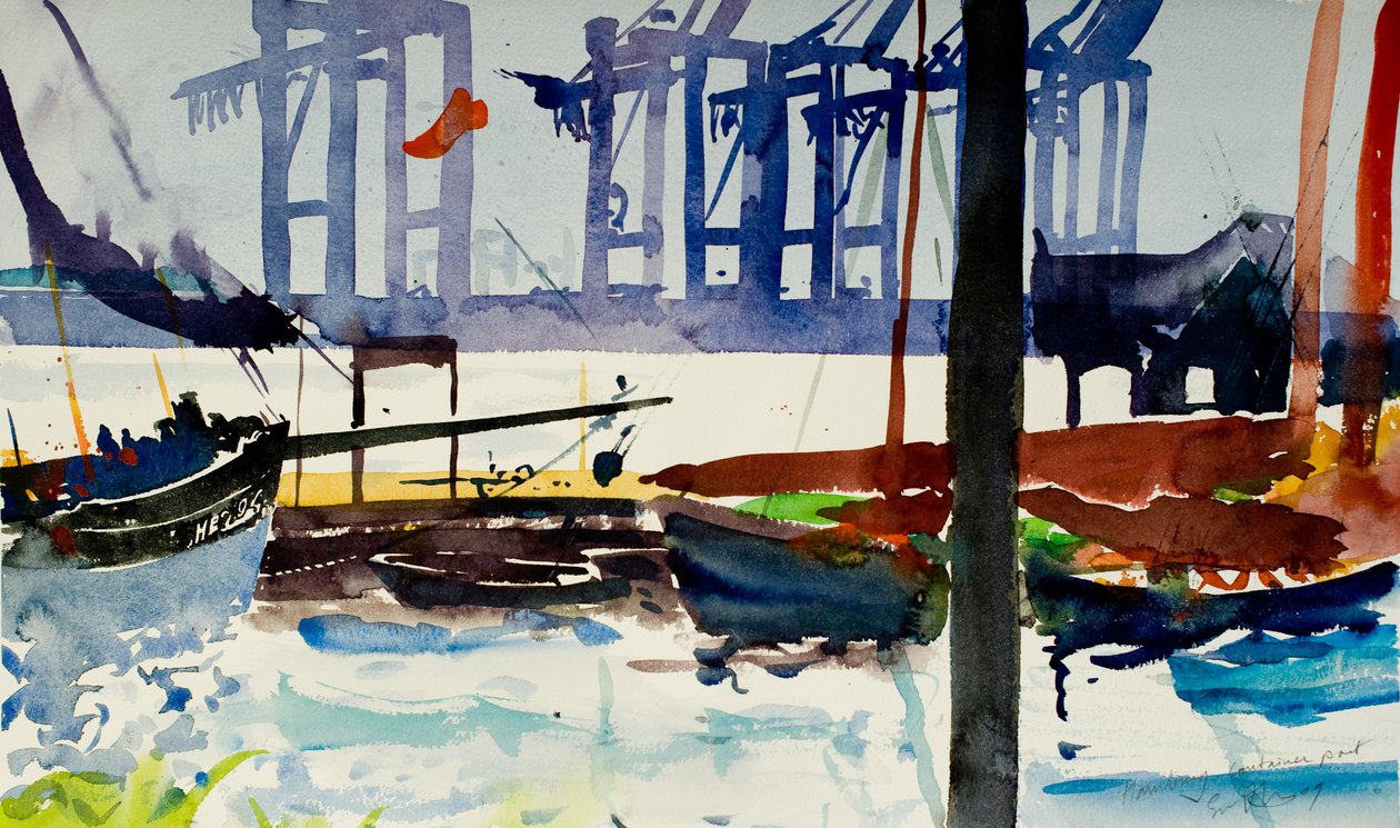 Hamburgo, puerto de contenedores, 2009 (acuarela) de Simon Fletcher