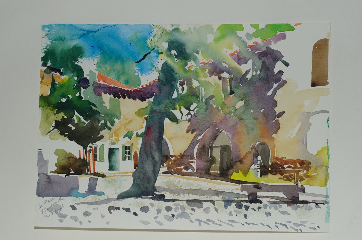 La Place, Villeneuvette, 2009 (acuarela sobre papel) de Simon Fletcher