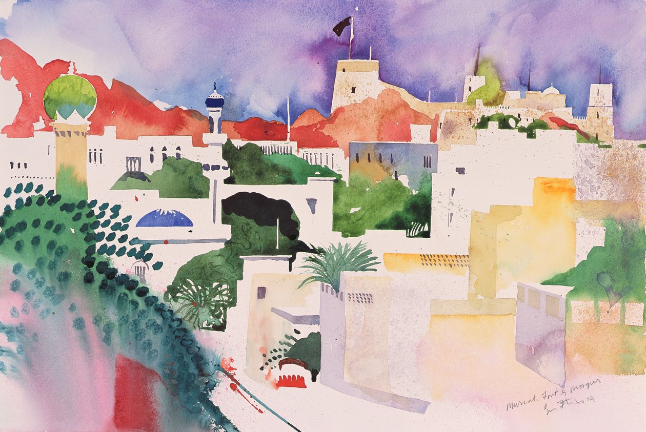 Fuerte y mezquitas de Mascate, 2004 (acuarela sobre papel) de Simon Fletcher