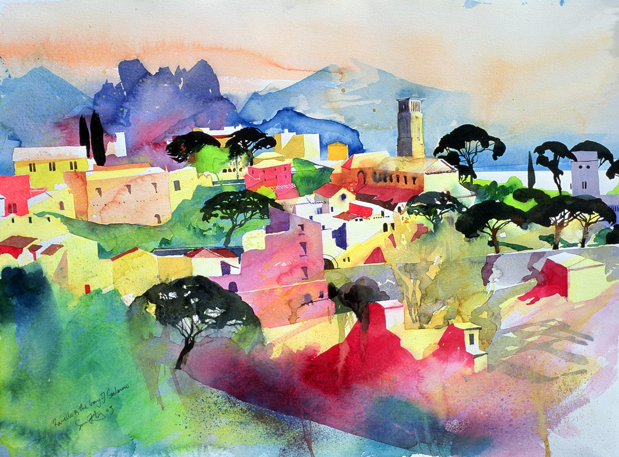 Ravello y la bahía de Salerno, 2003 (acuarela sobre papel) de Simon Fletcher