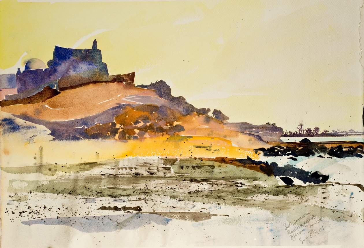 Sidi Jemour, rocas y costa,Djerba Túnez, 2000 (acuarela) de Simon Fletcher