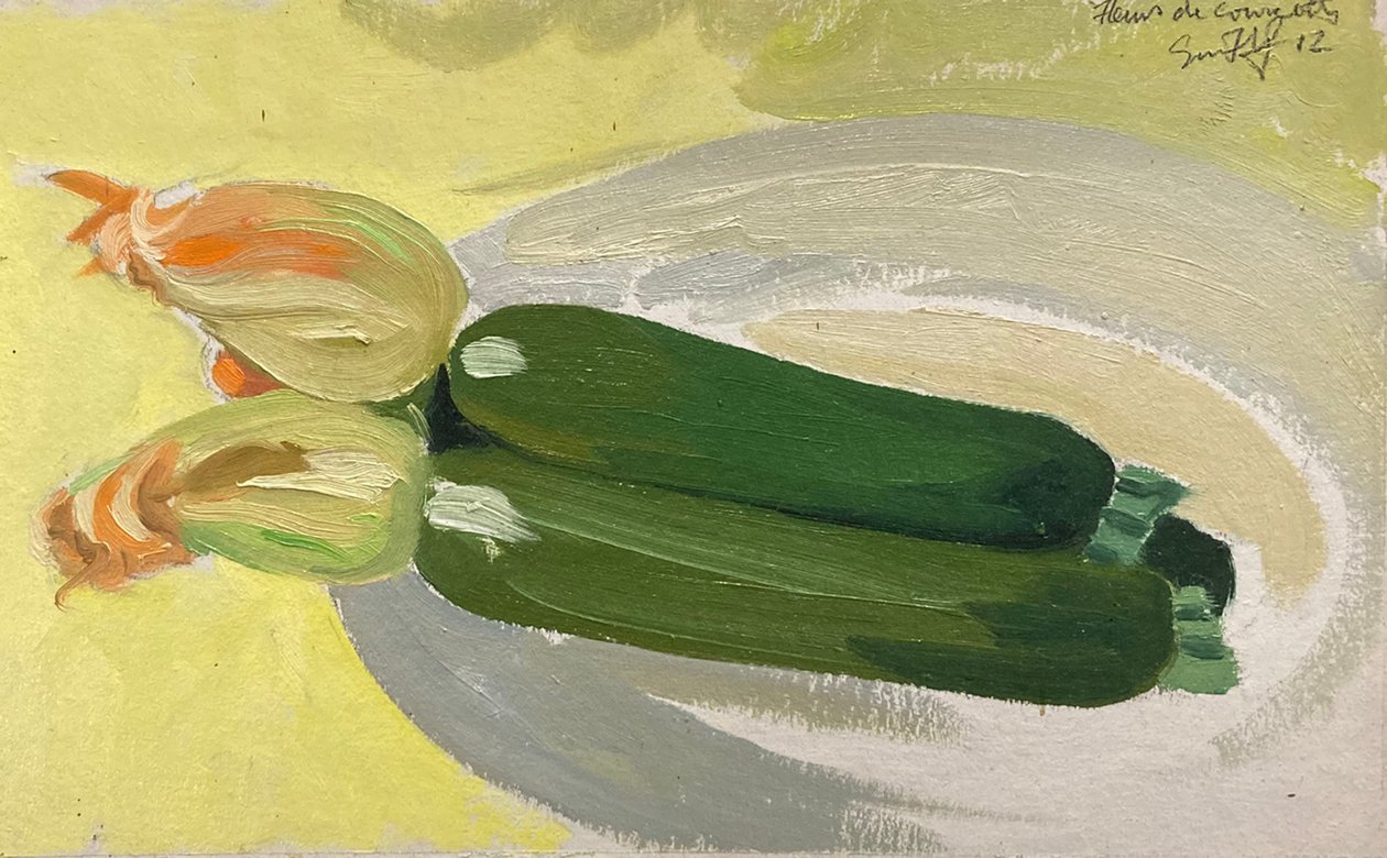 Dos calabacines (óleo sobre tabla) de Simon Fletcher