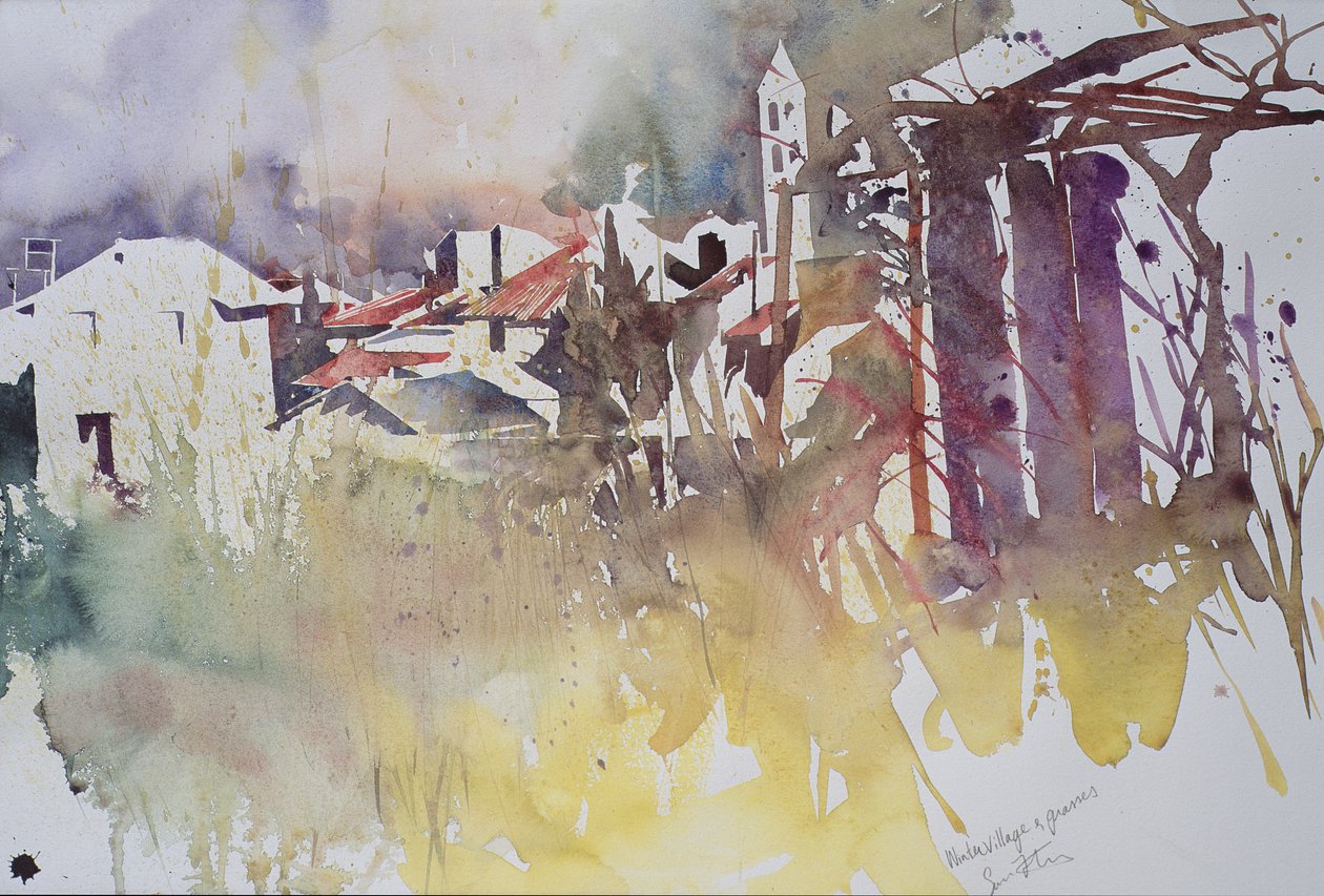 Pueblo invernal y pastos, Francia, 2008 (acuarela) de Simon Fletcher