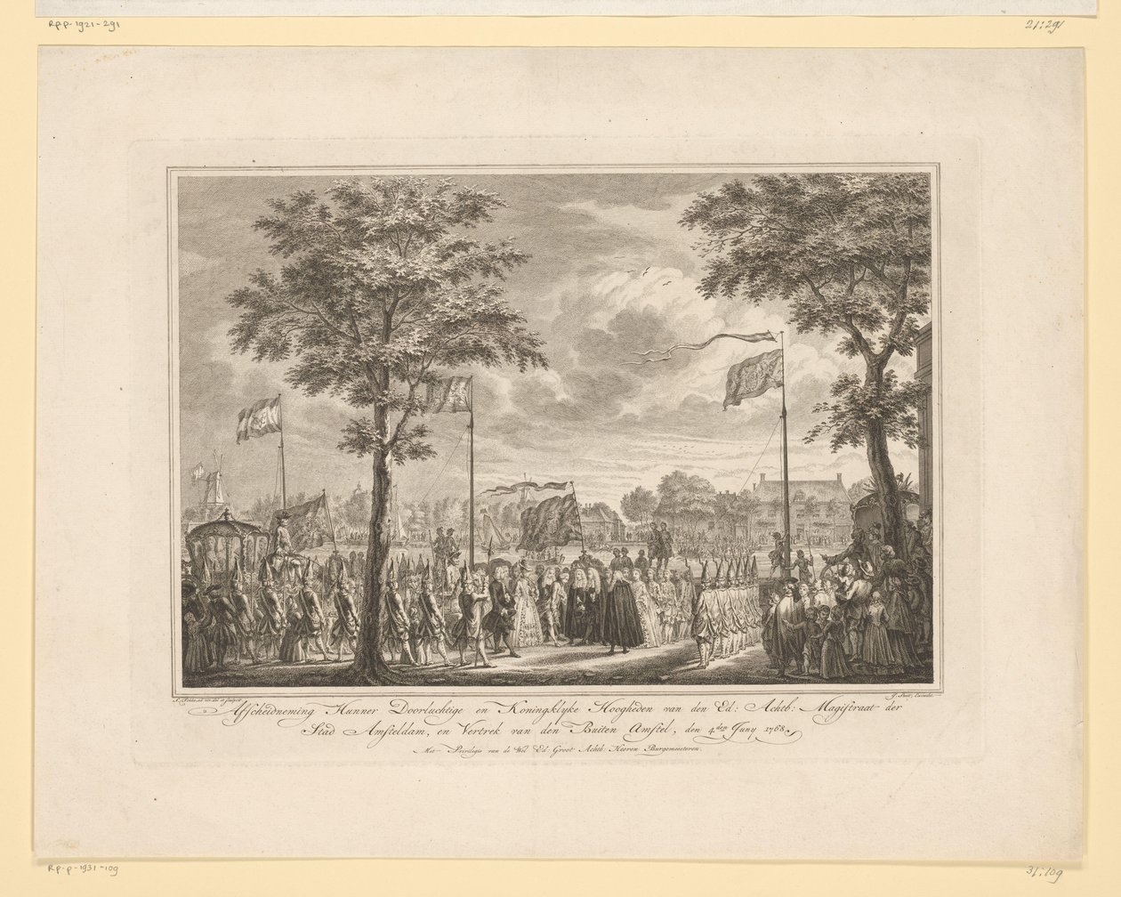 Despedida de Willem V y su esposa en el Buiten Amstel, 1768
Despedida de Sus Altezas Reales y Serenísimas al Honorable Magistrado de la Ciudad de Amsteldam, y salida del Buiten Amstel, el 4 de junio de 1768 (título en el objeto)
Imagen de Simon Fokke