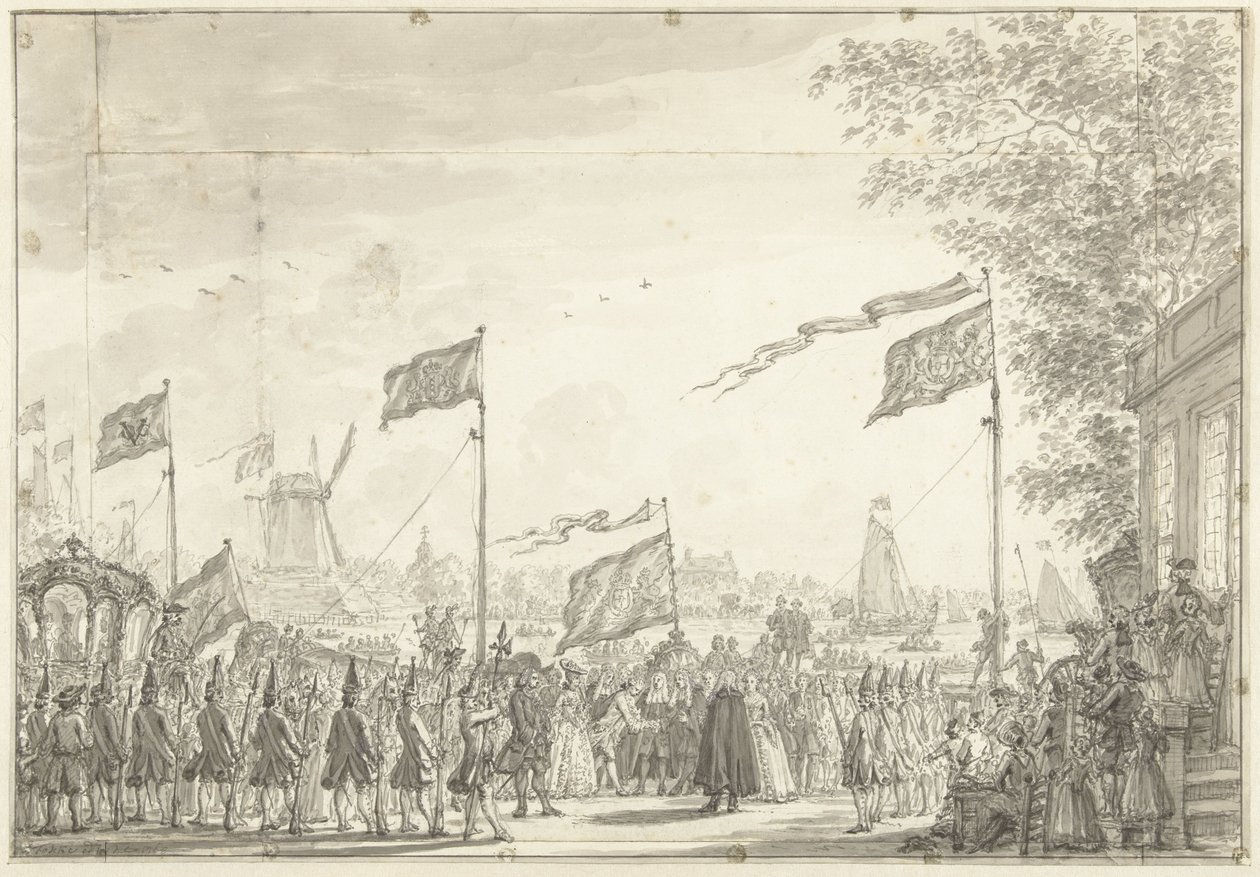 Despedida de Guillermo V y su esposa en el Buitenamstel, 1768 de Simon Fokke