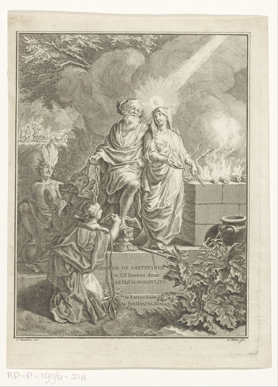 Portada alegórica con el patriarca Abraham y la verdad Página de título para: Arnold Hoogvliet, Abraham el patriarca, en XII Boeken, s.a. de Simon Fokke