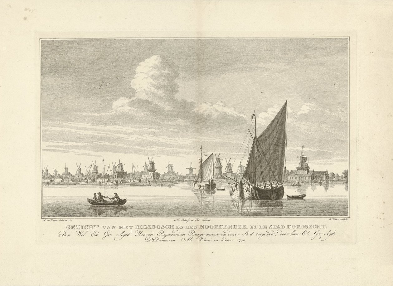 Vista de Biesbosch y Noordendijk cerca de Dordrecht Vista de Biesbosch y den Noordendyk por la ciudad de Dordrecht (título sobre objeto) de Simon Fokke